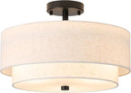 16" Semi Flush Mount Ceiling Light Fixture, Close to Ceiling Light Fixtures with Farmhouse Fabric Linen Shade, Double Drum Black Flush Mount Ceiling Light for Living Room Bedroom Dining Room Kitchen