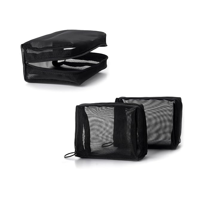 patu Portable Mini Zipper Mesh Bags, Size S, 5" x 4" x 2", 3 Pieces, Beauty Makeup Lipstick Cosmetic Accessories Organizer, Small Travel Kit Storage Pouch, Black