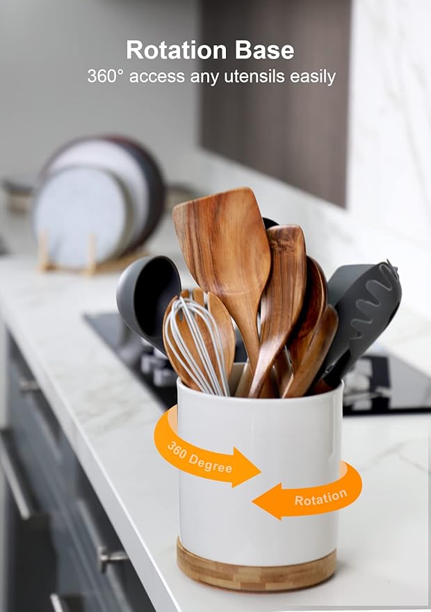 Nucookery 360° Rotating Utensil Holder, 7.2" Large Utensil Crock, White Ceramic Cooking Utensil Organizer with Countertop-Protection Cork Bottom for Farmhouse Kitchen Decor Christmas Gift (White)