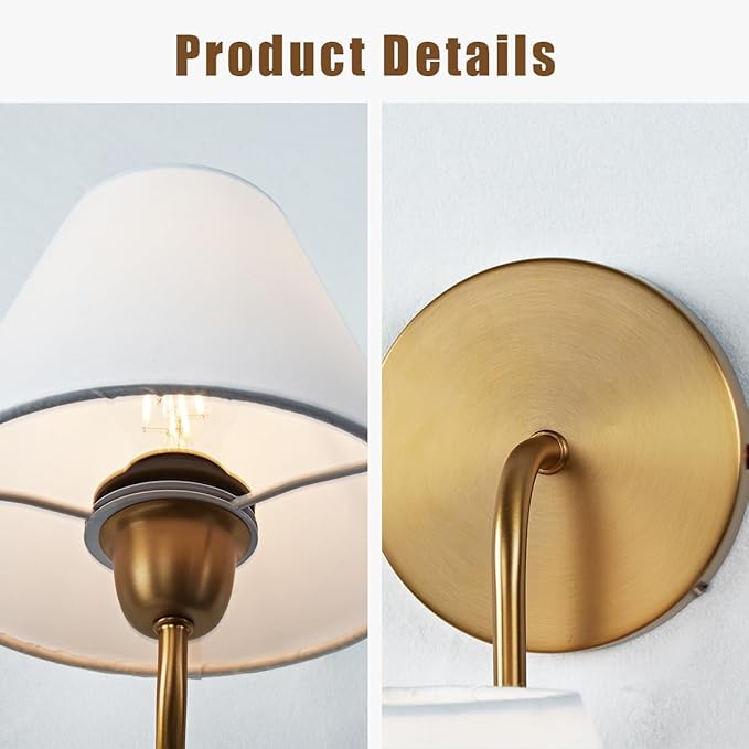 Vintage White Linen Shade Single Wall Sconce, Retro Swoop Wall Lamp with Metal Antique Brass Pole, Gooseneck Light Fixture Design for Elegant Home Lighting, Bedroom (Brass)