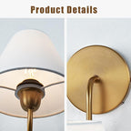 Vintage White Linen Shade Single Wall Sconce, Retro Swoop Wall Lamp with Metal Antique Brass Pole, Gooseneck Light Fixture Design for Elegant Home Lighting, Bedroom (Brass)