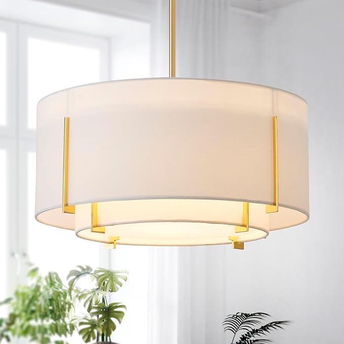 Shrine Lighting Chandeliers, Modern Design, Drum Pendant Light for Dining Room, White Lampshade & Black Finish Frame