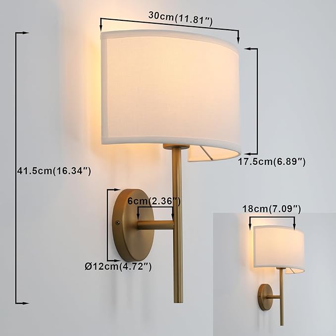 Yosoan Fabric Wall Sconce Indoor Bedside Wall Lamp Fixture, Vintage Industrial Hardwired Boho Semi Circular with White Half Moon Shade for Reading Bedroom Living Room Dinning Room(Antique)