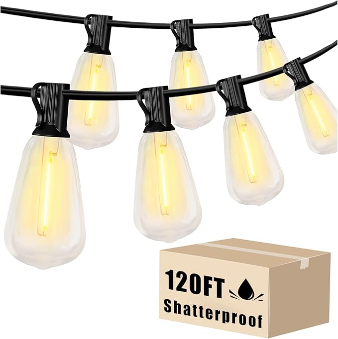 DAYBETTER 120FT Outdoor String Lights Waterproof 60 pcs Warm White LED Bulbs 2700K for Patio, Yard, Garden & Holiday Decor Durable Weatherproof Lights for Parties, Weddings, Backyard Lighting