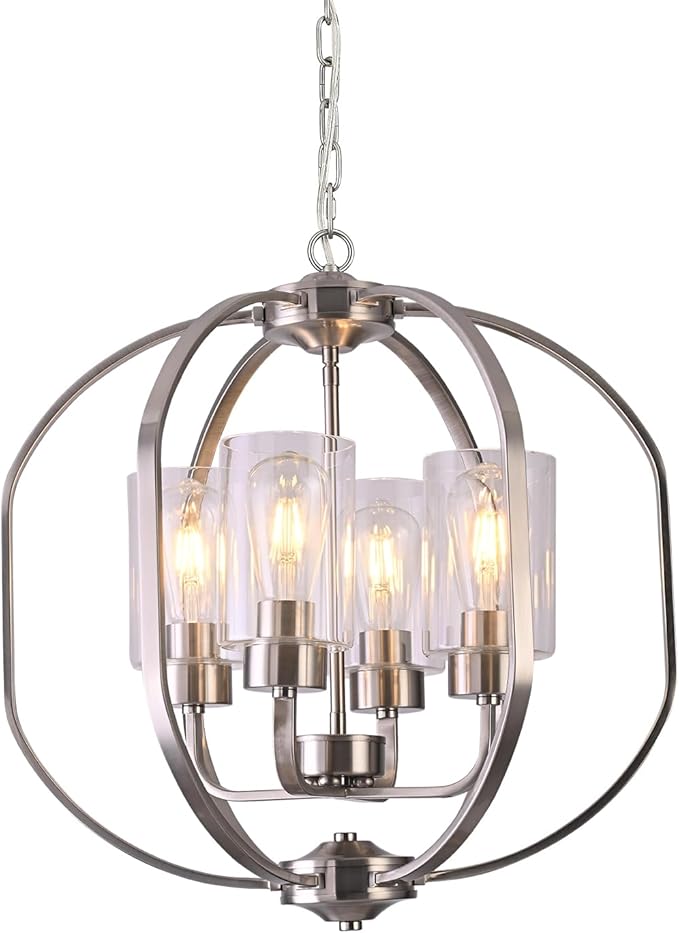 BOZO 20'' Globe Chandelier Brushed Nickel Chandeliers, 4-Light Modern Orb Chandelier,Ceiling Hanging Light Fixture with Glass Shade, Pendant Light for Dining Room Entryway Living Room