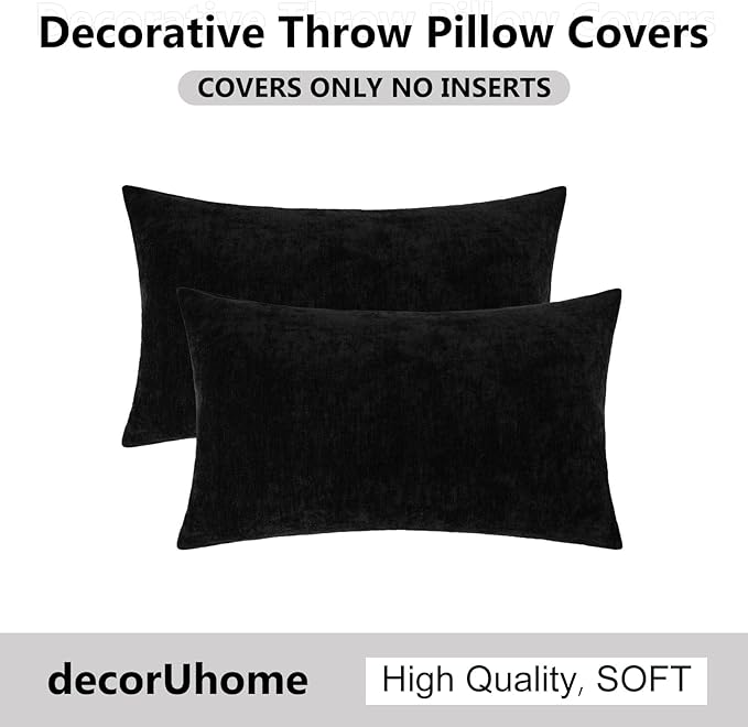 decorUhome Chenille Black Throw Pillow Covers 12x20 Inch Set of 2, Decorative Soft Couch Pillow Covers Solid Dyed Accent Velvet Farmhouse Neutral Rectangle Pillow Cases for Sofa Bed Living Room