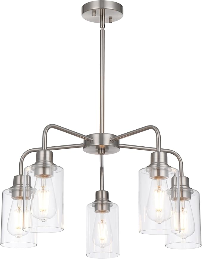 5-Light Brushed Nickel Chandelier with Clear Glass Shades, E26 Base Modern Pendant Light Fixture, Adjustable Swivel Heads Ceiling Lighting, Farmhouse Chandelier for Dining Room Kitchen Hallway