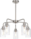 5-Light Brushed Nickel Chandelier with Clear Glass Shades, E26 Base Modern Pendant Light Fixture, Adjustable Swivel Heads Ceiling Lighting, Farmhouse Chandelier for Dining Room Kitchen Hallway