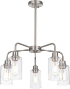 5-Light Brushed Nickel Chandelier with Clear Glass Shades, E26 Base Modern Pendant Light Fixture, Adjustable Swivel Heads Ceiling Lighting, Farmhouse Chandelier for Dining Room Kitchen Hallway