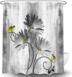 Rustic Farmhouse Shower Curtain - Gray Daisy Floral With Butterfly on Country Wooden Background for Bathroom, White Yellow, 60x70IN, 12 Hooks Included