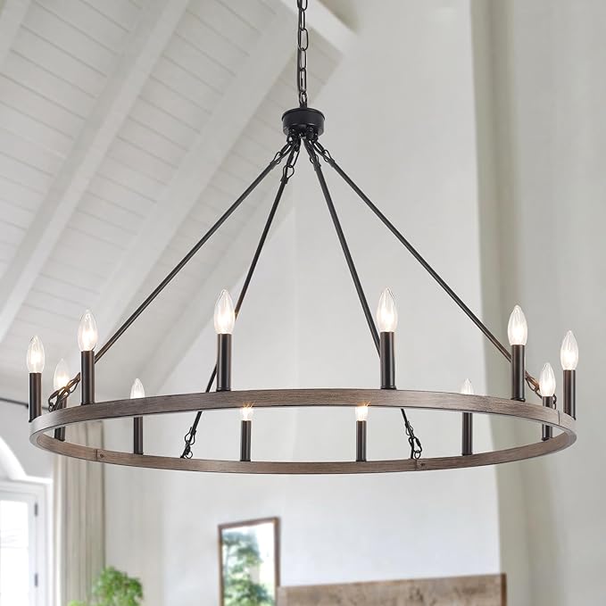 12-Light Black Wagon Wheel Chandelier, 38''Rustic Farmhouse Chandelier,Round Hanging Ceiling Pendant Light Fixture,for Kitchen Island Living Dining Room Bedroom Hallway Entryway Foyer