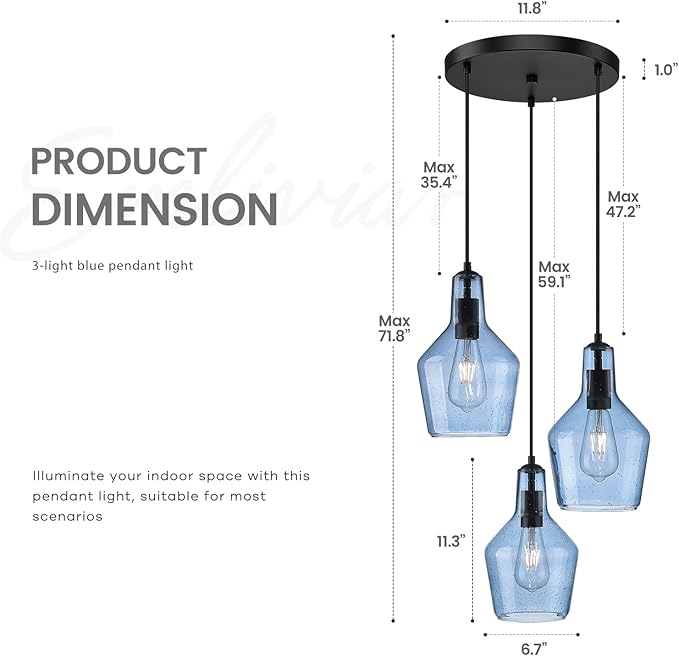 Emliviar 3-Light Cluster Pendant Light, Blue Hanging Pendant Lights with Seeded Glass for Kitchen Hallway Dining Room, DYE286G1-3 BK