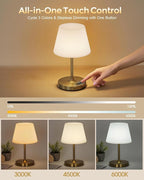 Outdoor Battery Operated Table Lamp, IP54 Waterproof Shower Lamp, 4000mAh Rechargeable Cordless Lamp, 3 Color Temperatures Dimmable, Small Touch Table Lamp for Bedroom, Patio, Camping, Restaurant