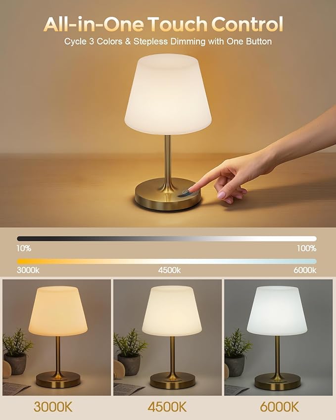 Outdoor Battery Operated Table Lamp, IP54 Waterproof Shower Lamp, 4000mAh Rechargeable Cordless Lamp, 3 Color Temperatures Dimmable, Small Touch Table Lamp for Bedroom, Patio, Camping, Restaurant