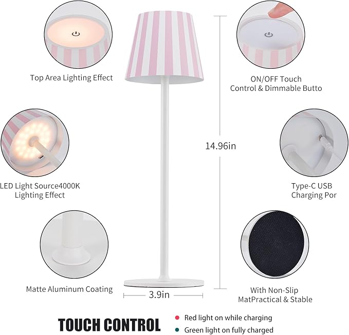 2 Pack Cordless Table Lamp, 5000mAh Portable Rechargeable LED Desk Lamp, 3 Color Modes Stepless Dimming Table Light with Memory Function, for Dinner, Patio, Home, Restaurant.