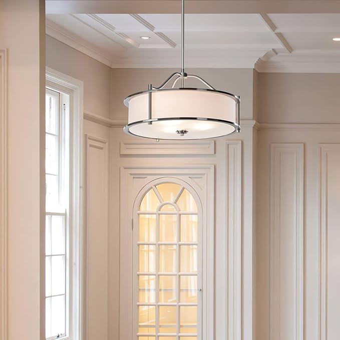 XiNBEi Lighting Pendant Lighting 18 inch 3 Light Drum Pendant Light with Fabric Shade and Glass Diffuser in Brushed Nickel, Classic Convertible Drum Chandelier for Living & Dinning Room XB-P1199-BN