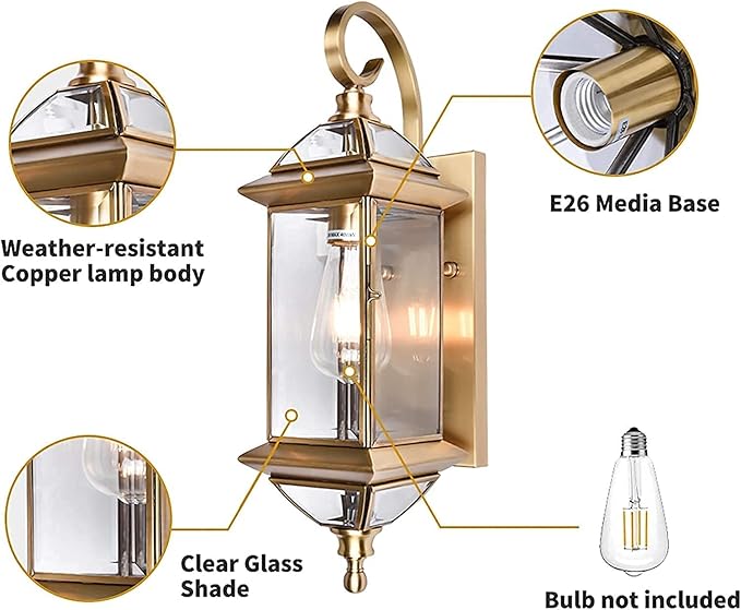 Milaii Copper Exterior Wall Light 20" H Outdoor Light Fixture Waterproof Wall Sconce Oil Rubbed Brass Porch Light with Clear Glass Lantern Wall Mount Lights for House Garage Patio Aisle