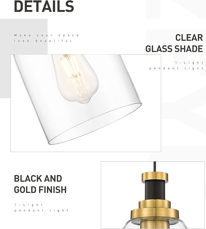 zeyu Large Pendant Lights Kitchen Island, 1-Light Clear Hanging Lights, Clear Glass Shade, Black and Gold Finish, ZG33M1L-L BK+BG
