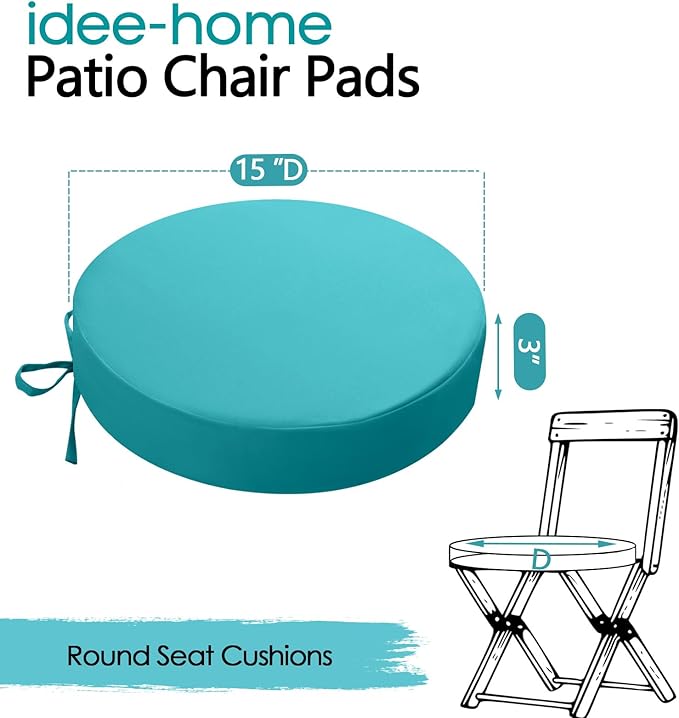 idee-home Outdoor Bistro Chair Cushions, 15”x15”x 3” Thick Outdoor Round Seat Cushions Set of 2 with Ties, Waterproof Round Patio Furniture for Garden