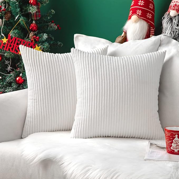 MIULEE Winter Pack of 2 Corduroy Pillow Covers Soft Soild Striped Throw Pillow Covers Set Decorative Square Cushion Cases Pillowcases for Couch Sofa Bedroom Living Room 16 x 16 Inch Pure White
