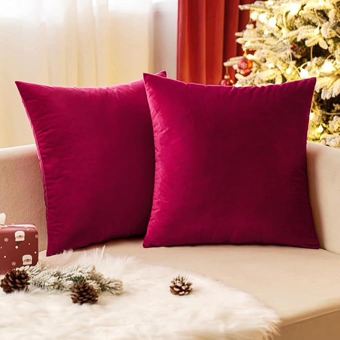 EMEMA Pack of 2 Velvet Christmas Throw Pillow Covers Decorative Square Pillowcase Soft Solid Cushion Case for Sofa Bedroom Chair Car 18x18 Inch Red Wine