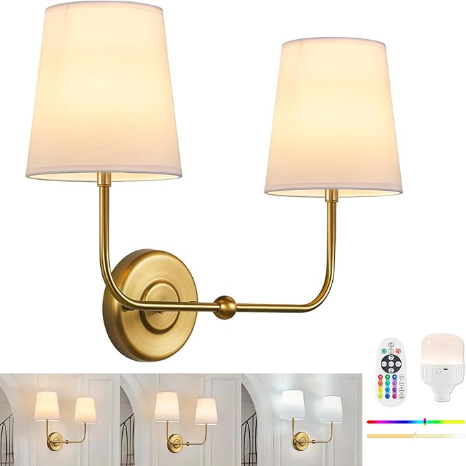 TERLEENART Battery Operated Double Wall Sconce, Cordless Rechargeable Battery Powered 2-Lights Fabric Sconces with Remote Control,Dimmable Sconce Wall Decor Lights for Vanity,Bedroom, Living Room