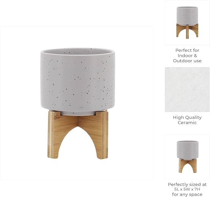 Sagebrook Home Ceramic Planter with Wooden Stand - Modern Stoneware Pot for Indoor & Outdoor Plants - Decorative Round Flower Pot for Home & Garden - 7" Ivory