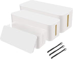 [Set of 3] 3 Cable Management Boxes + 3 Wire Ties, Large Cord Box Organizers to Hold and Hide Power Strip Charger Adapter Power Cord Charging Station USB HUB (White)
