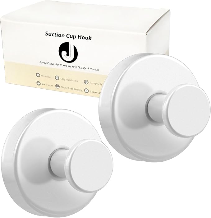 Suction Cup Hooks for Towels Robes, Heavy Duty Bathroom Shower Hooks Stainless Steel, No Drill on Smooth Wall,Glass,Mirror, Tile in Bedroom Kitchen to Hang Swimsuit Washcloths (2, White)