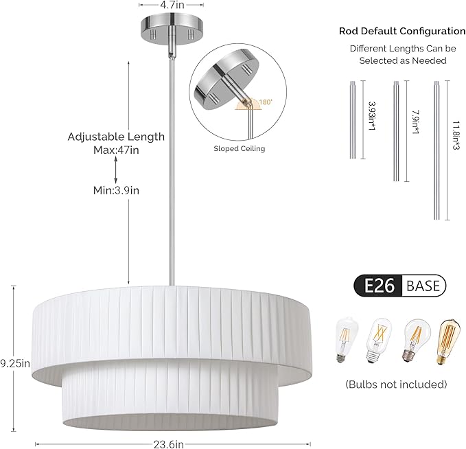 LamQee Large 5-Light Drum Chandelier, 2-Layer 23.6inch-Chrome Ceiling Light Fixture with Fabric Shade Modern Hanging Pendant Light for Dining Room Living Room Bedroom Kitchen Island
