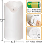 Homemory 6.3" x 12" Extra Large Outdoor Waterproof Candle with Auto 6-Hour Timer, White Plastic Made, Long Last for Months