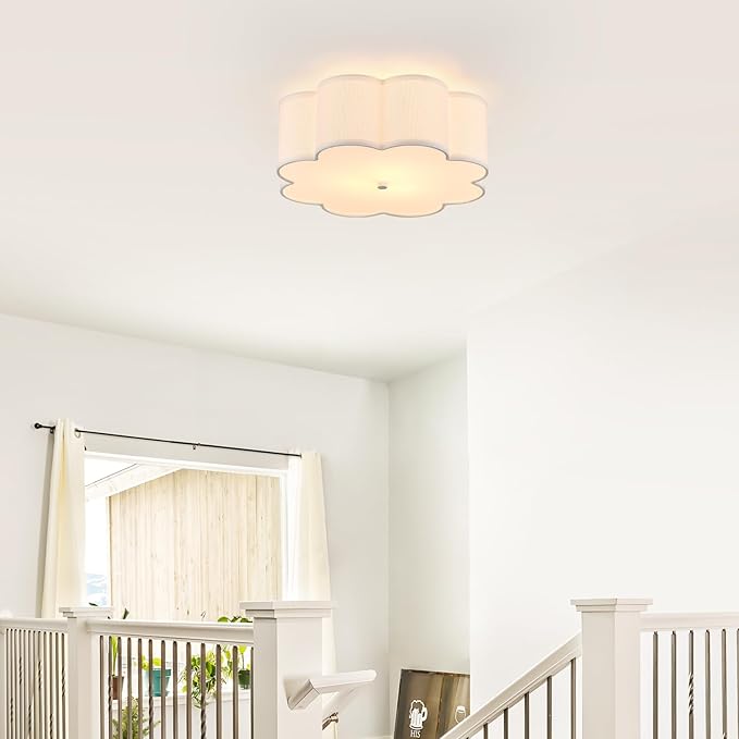Modern Drum Semi Flush Mount Ceiling Light 3-Lights Modern 17.71" White Drum Ceiling Lighting Fixture Vintage Modern Linen Ceiling Lamp for Kitchen, Basement, Bedroom, Laundry Room