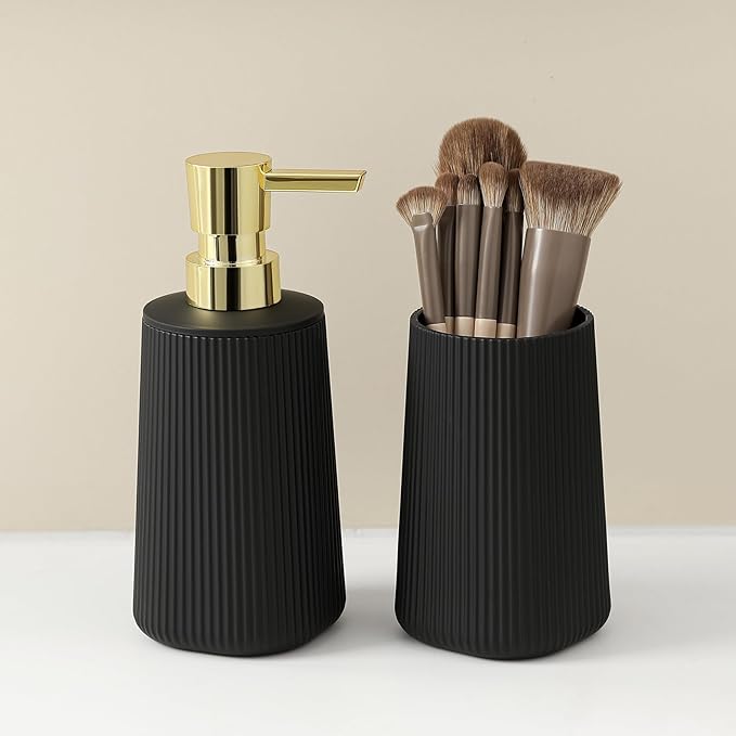 Black and Gold Striped Bathroom Accessories 2 Piece Set Soap Dispenser and Toothbrush Holder