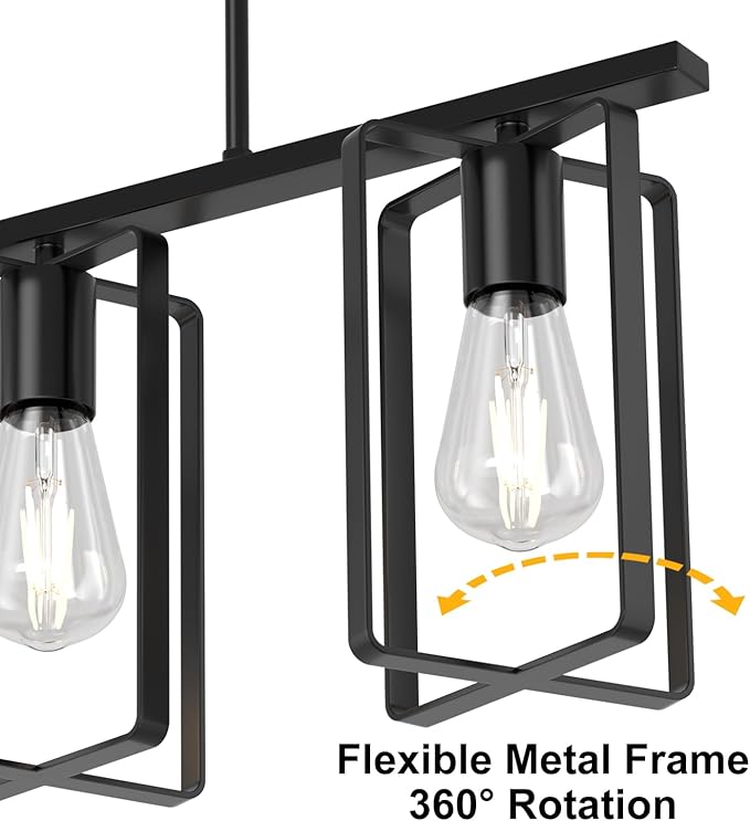 Farmhouse Kitchen Island Chandelier, 3-Light Adjustable Height Industrial Rustic Hanging Pendant Light Fixture with Flexible Shade, Linear Island Lighting for Dining Room Over Table Bar, Black