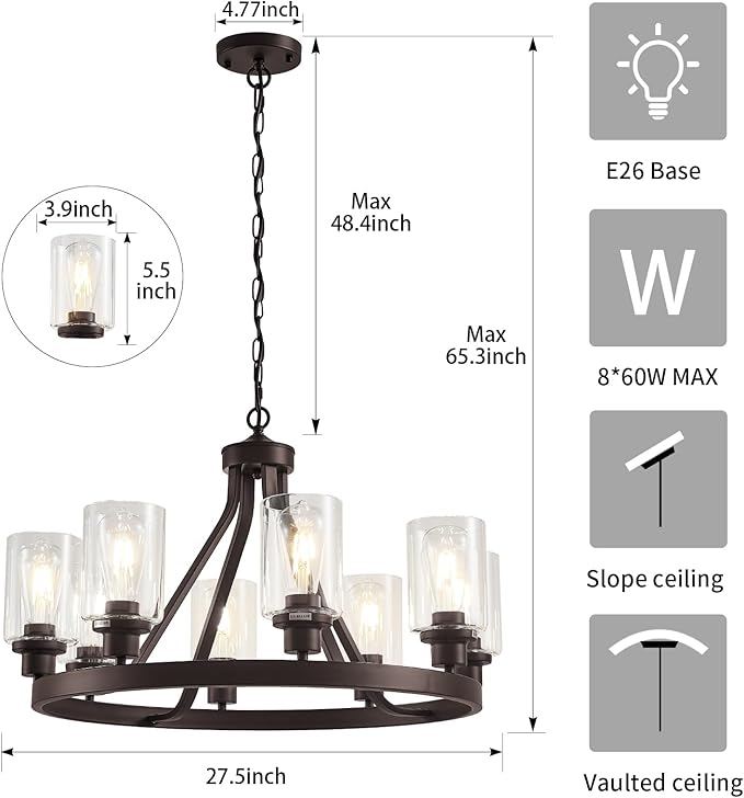 8-Light Farmhose Chandelier for Dining Room Light Fixture Oil Rubbed Bronze Kitchen Pendant Light Round Rustic Ceiling Hanging Lighting with Glass Globes Adjustable Height Metal E26