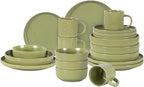 HomeVss, Nordic Shape Rising Rim Stoneware 20pc Dinnerware Set, Matte Green with Speckle Finished Effect