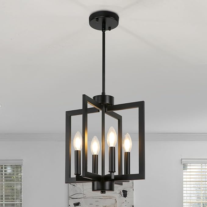 4-Light Black Farmhosue Chandelier For Entryway, Dining Room Chandelier Over Table, Modern Pendant Light Kitchen Island, Industrial Candle Lantern Light Fixture Kitchen, Bedroom, Stairway, Foyer