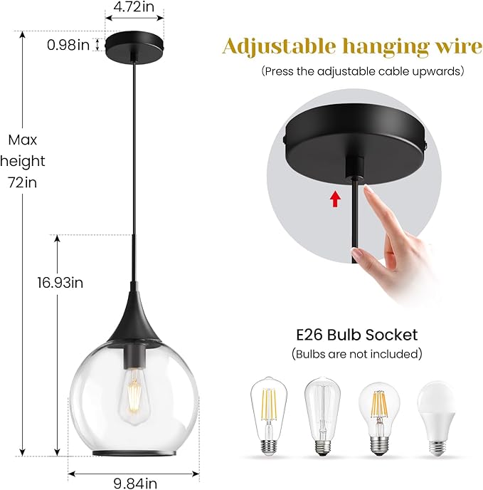 Pendant Lights Kitchen Island: 3 Pack Black Light Fixture Modern with Clear Glass - 10 Inch Mid Century Globe Kitchen Lighting Fixtures Ceiling for Hallway Bar