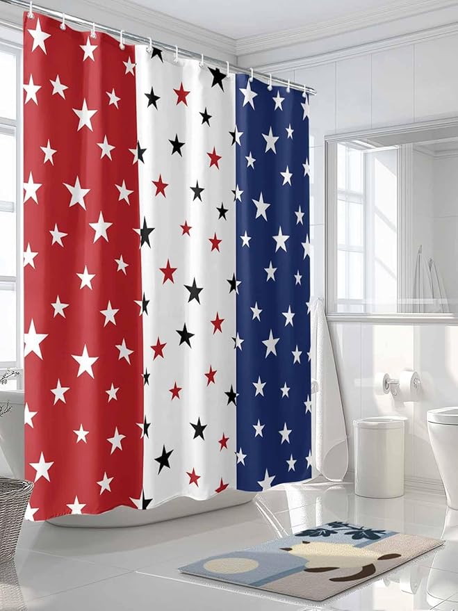 4th of July Shower Curtain, Patriotic Stars Stripes Shower Curtains Set with Hooks, Red White and Blue Independence Day Waterproof Fabric Bathroom Curtains Decor Home Accessories, 60 X 72 Inch Long
