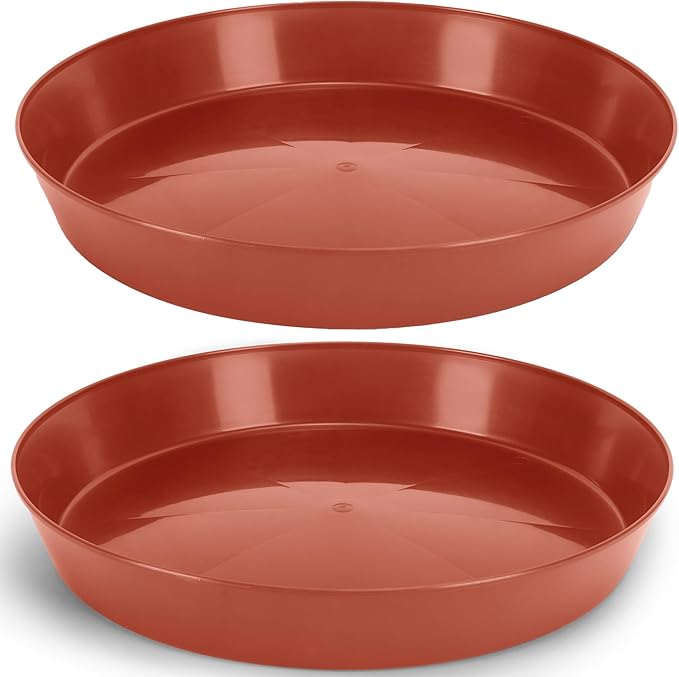 14 Inch (12 Inch Base) Case of 2 Plant Saucer - Terra Cotta Colored Polypropylene - Heavy Duty Indoor/Outdoor Tray and Drip Pan - Collects Flower Pot Excess Water Made in USA