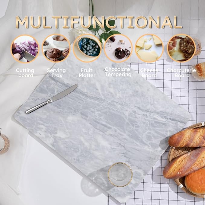 Diflart Natura Marble Stone Pastry Board for Kitchen, 16x20 Inch, Gray with White Veins, Marble Cutting Board Large with Non-Slip Feet for Keep the Dough Cool and Chocolate Tempering, Pack of 1 Pcs