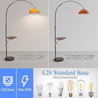 MIXL-Black Arch Floor Lamp with Wood Table,2-Tier Shade Over Couch Curved Floor Lamp,Unique Ambient Lighting,Mid Century Modern Standing Light for Office Nursery