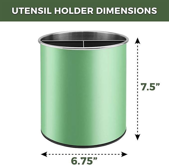 Bartnelli Extra Large Stainless Steel Kitchen Utensil Holder - 360° Rotating Utensil Caddy - Weighted Base for Stability - Countertop Organizer Crock With Removable Divider (Tea Green)