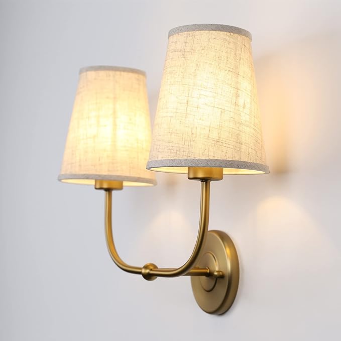 2-Lights Wall Sconces with Funnel Linen Fabric Shades, Double Light Wall Lamps for Bedroom Living Room Vanity Bathroom Hallway Stairway