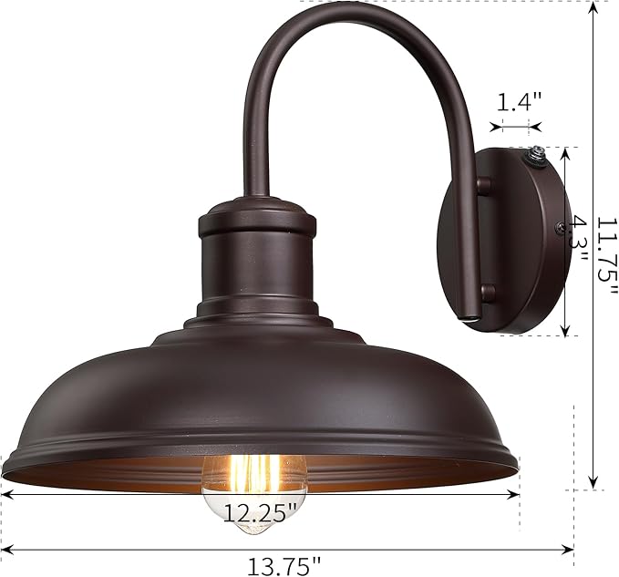 12'' Dusk to Dawn Outdoor Gooseneck Barn Light, 2-Pack Farmhouse Exterior Wall Mount Light Fixture - Industrial Brown for Porch, Entryway, Garage