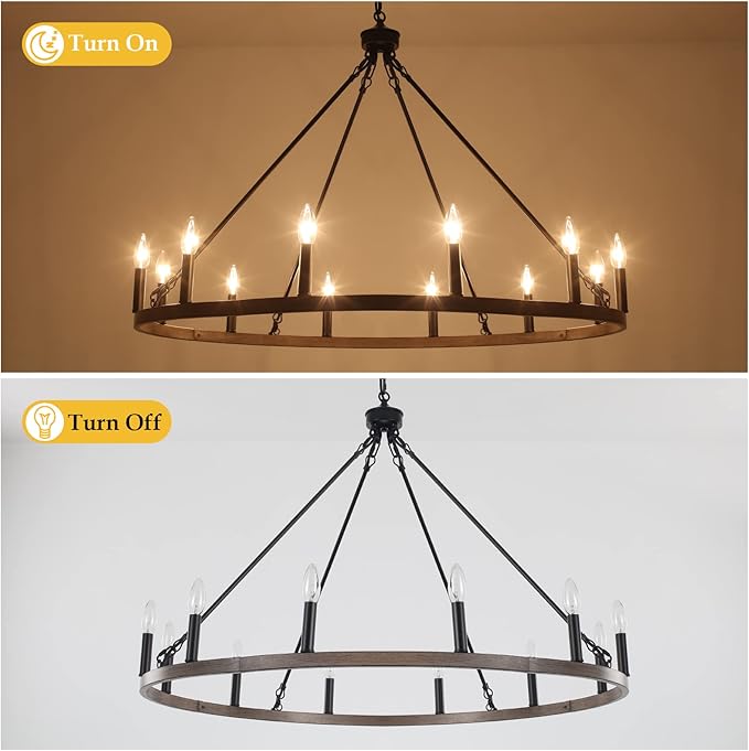 12-Light Black Wagon Wheel Chandelier, 38''Rustic Farmhouse Chandelier,Round Hanging Ceiling Pendant Light Fixture,for Kitchen Island Living Dining Room Bedroom Hallway Entryway Foyer
