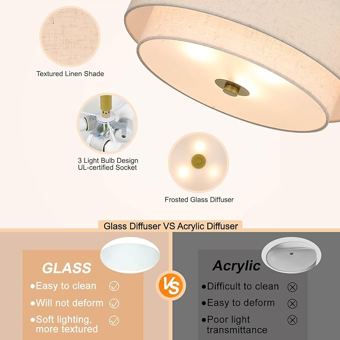 XiNBEi Lighting 3 Light Semi Flush Mount Light, Close to Ceiling Light Fixture with Fabric Shade Retro Gold Brass 16 inch Semi Flush Drum Light for Bedroom & Living Room XB-SF1289-GB