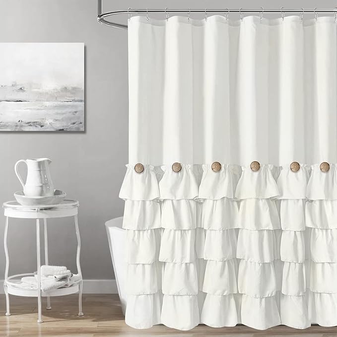 Seasonwood Ivory Shower Curtain Cute Ruffle Shabby Chic Button Design Country Style,72x72 inch