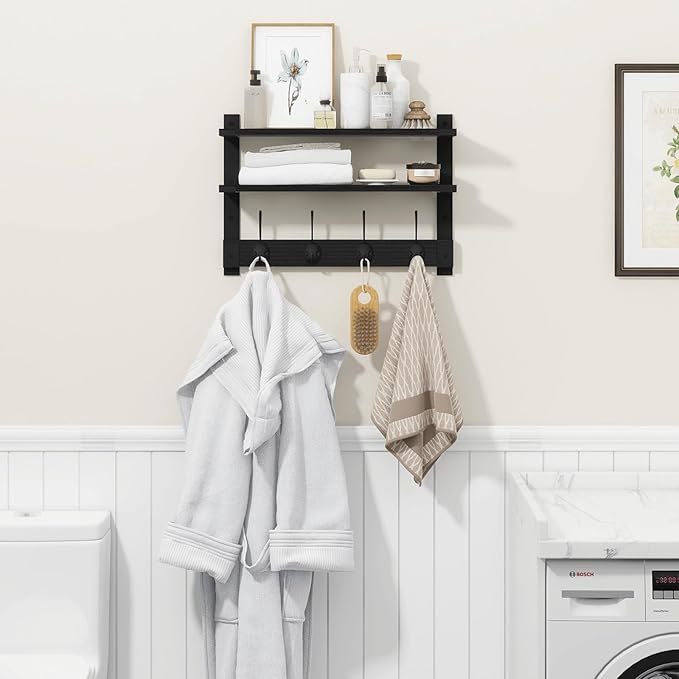 Homode Coat Rack Wall Mount, 2 Tier Wall Shelf with Hooks, 17" Wooden Coat Hanger with Shelf Entryway Key Holder, Floating Shelves for Hanging Hats Keys Towels Jackets Purse Backpack, Black
