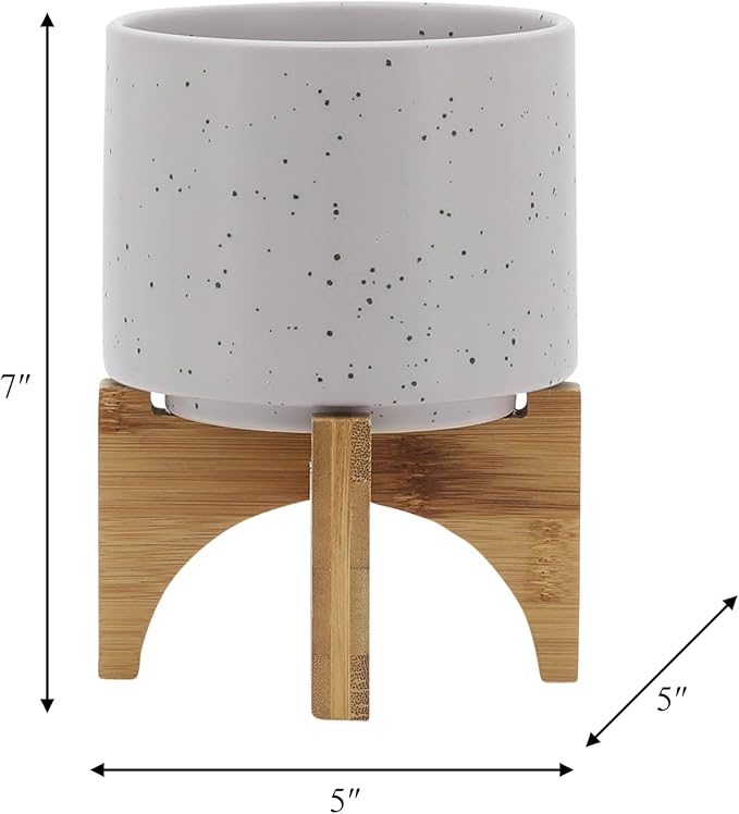 Sagebrook Home Ceramic Planter with Wooden Stand - Modern Stoneware Pot for Indoor & Outdoor Plants - Decorative Round Flower Pot for Home & Garden - 7" Ivory